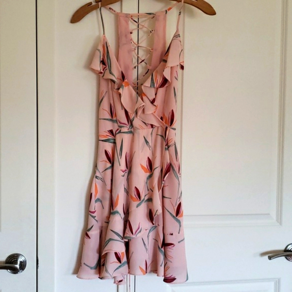 Bobbi Rocco Pink Floral Mini Dress with Lace-up Back and Wrap Front Size Small